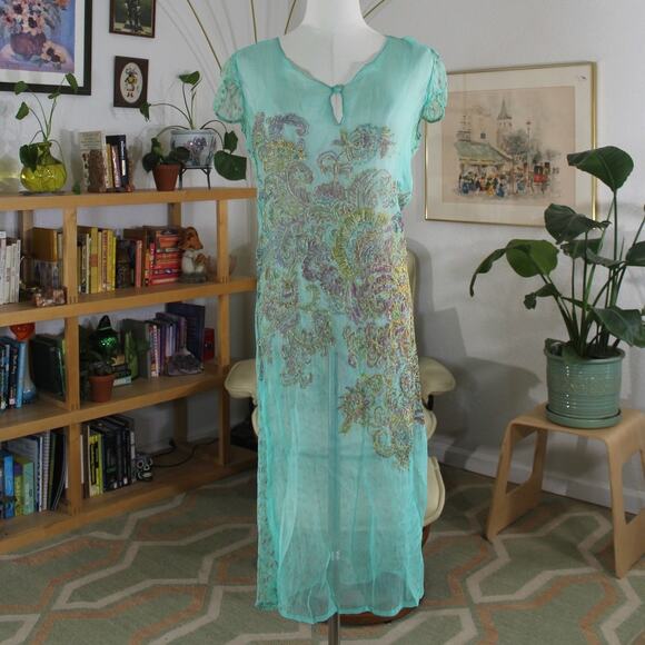 Anthropologie Aoyama Itchome Mint Blue Sheer Midi Paisley Embroidered Dress - Picture 1 of 7